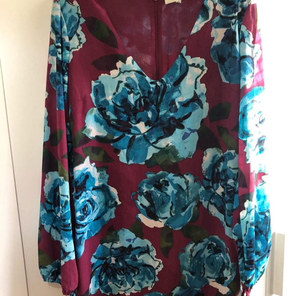 Burgundy long sleeve dress with turquoise flowers